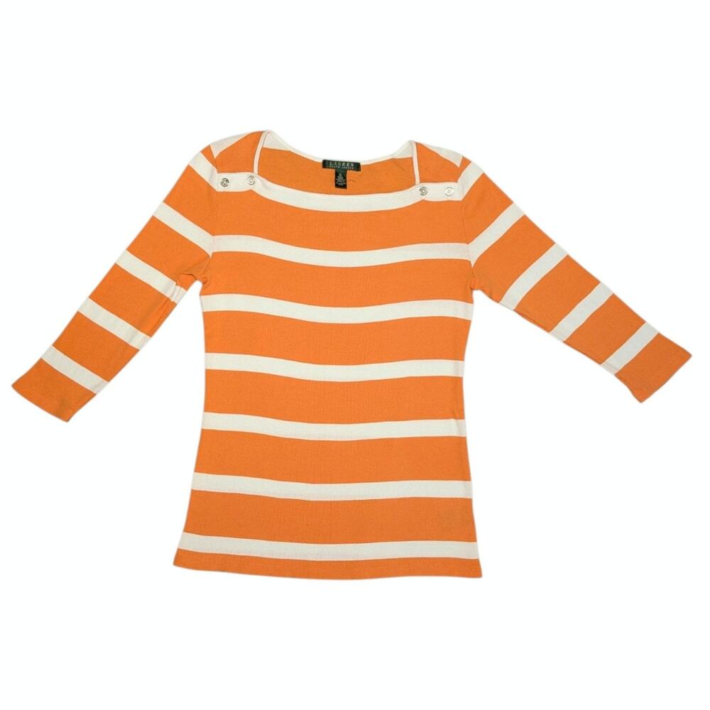 Lauren Ralph Lauren Women's Medium Orange White Striped Boat Neck Button Blouse